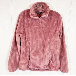 Eddie Bauer Purple Pink Pull Over Quarter Button Teddy Bear Sweater Size Medium